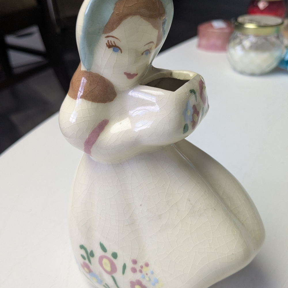 Vintage Midcentury Ceramic Figural Lady Vase Crackle with Bonnet Floral Design